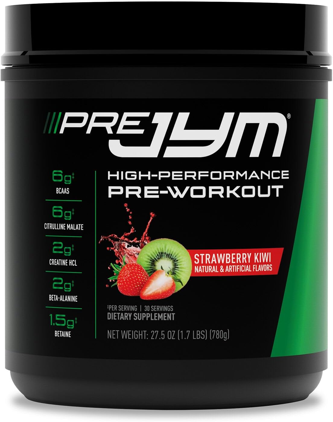 JYM Supplement Science Pre JYM Strawberry Kiwi Pre Workout Powder - BCAAs, Nootropics, Creatine HCI, Citrulline, Beta-Alanine, Betaine, Taurine, Huperzine 30 Servings