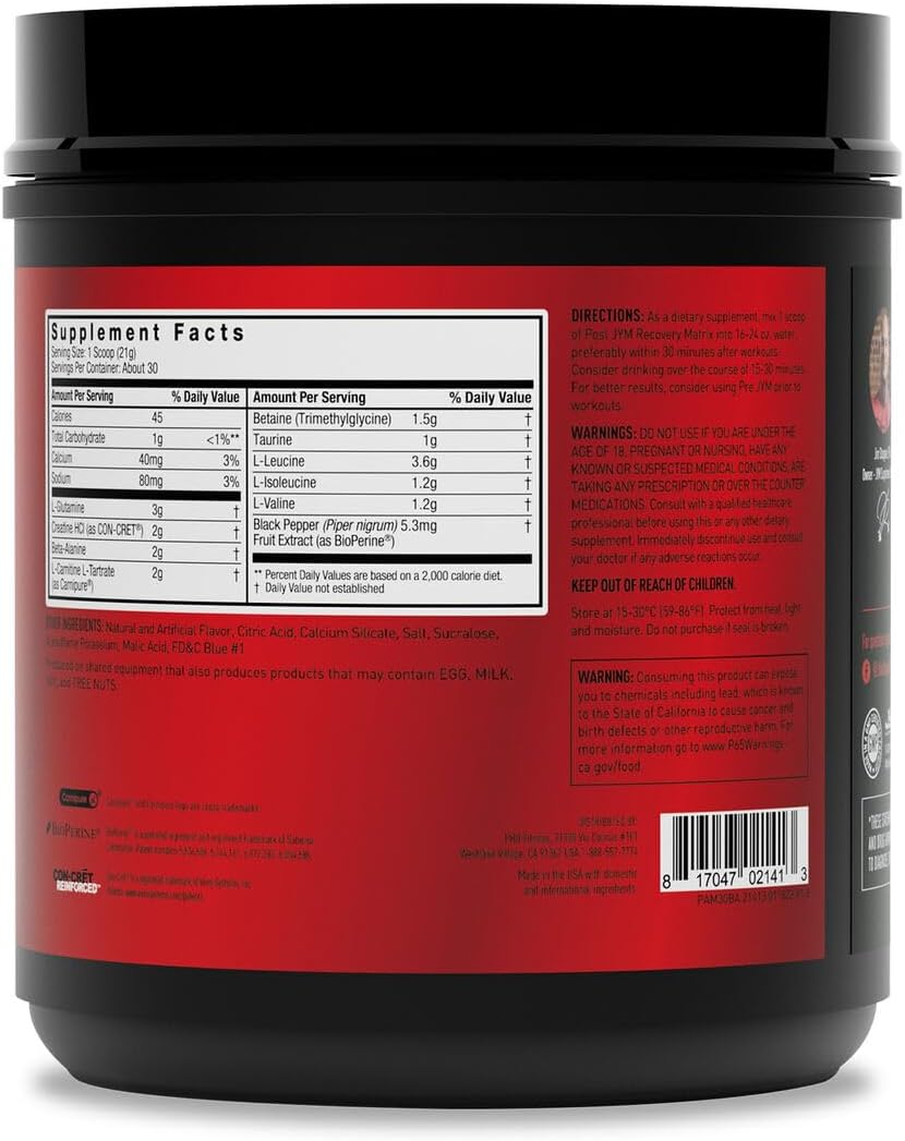 JYM Supplement Science Post JYM Active Matrix Blue Artic Freeze Amino Recovery Powder Pure Creatine HCL, BCAA’s, Glutamine, Carnitine, Betaine, Taurine for Strength, Repair, Performance 30 Servings