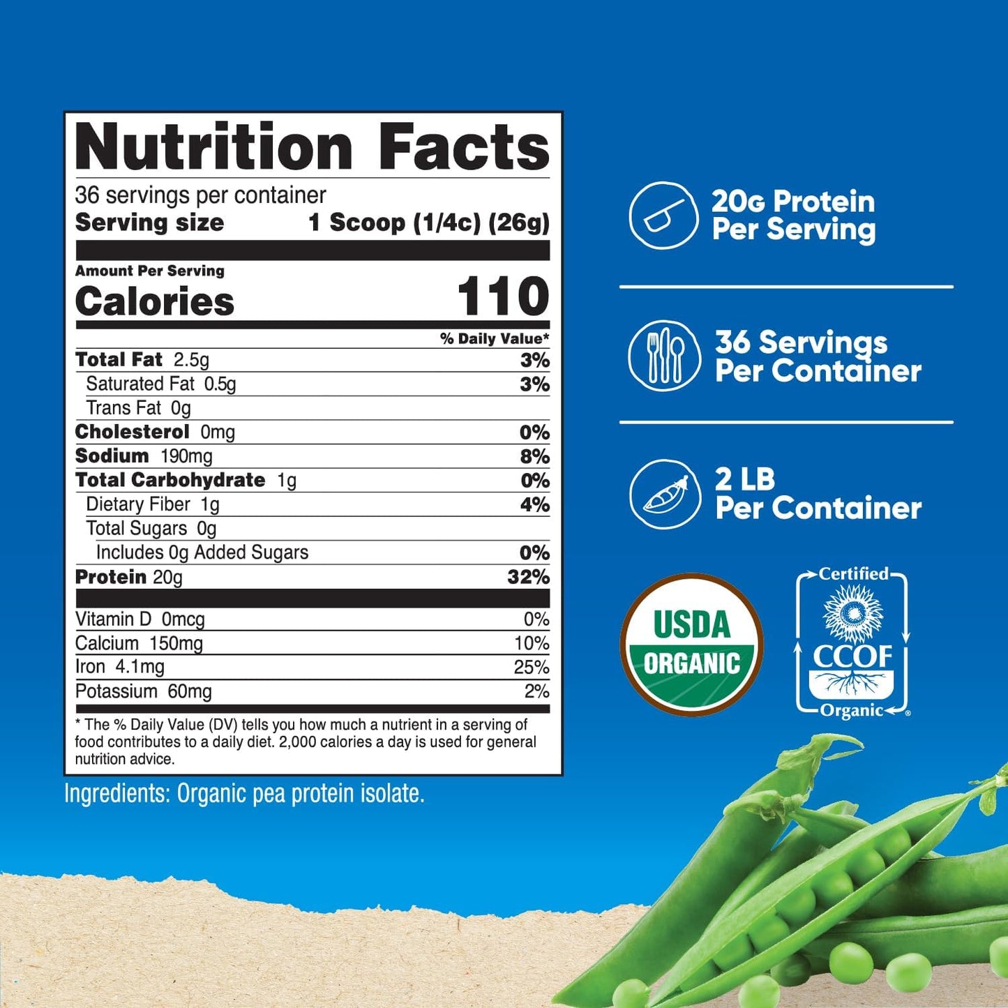 Nutricost Organic Pea Protein Unflavored 2 LB -Unflavored, Certified USDA Organic, Protein from Plants, Vegetarian Friendly, Gluten Free, Non-GMO