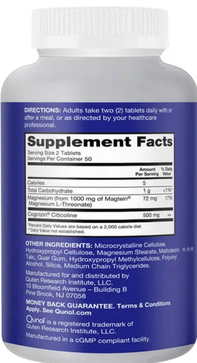 Brain Health Memory Plus - Magnesium L-Threonate & Citicoline Tablets - Supports Focus, Memory & Attention - High Absorption, Caffeine-Free, Easy to Swallow - 100 Count (50-Day Supply)