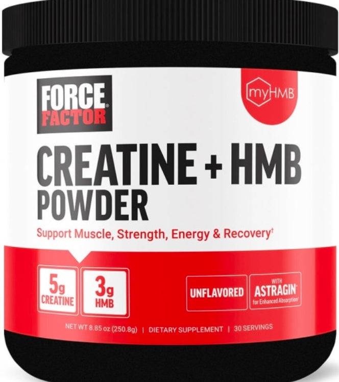 Force Factor Creatine HMB Powder, 5g Creatine Monohydrate + 3g myHMB for Muscle Growth, Strength, Energy & Recovery, with AstraGin for Enhanced Absorption, Unflavored, 30 Servings