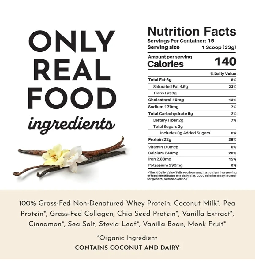 JUST INGREDIENTS Vanilla Protein Powder - Grass-Fed Whey Blend, Organic, Gluten Free - 15 Servings, 22g Protein