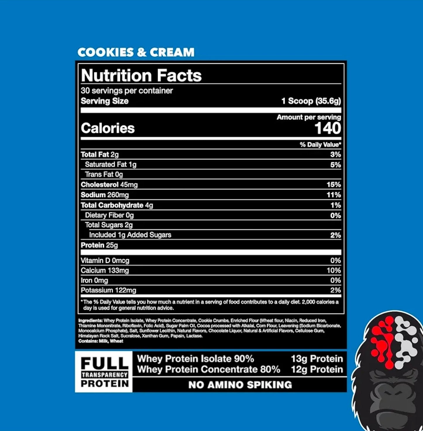 Gorilla Mind Premium Whey Protein - Cookies and Cream, 25 Grams of Whey Protein Isolate & Concentrate,Recover and Build Muscle (30 Servings)