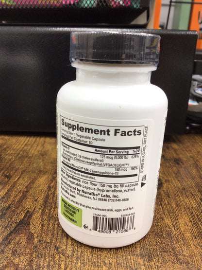 NutraBio Vitamin D3 K2 | 5000 IU D3 as Cholecalciferol with Vitamin K2 as MENA-Q MK7 (180mcg) | Support Bone and Heart Health | Non-GMO, Gluten Free, Lactose Free | 60 Vegetable Capsules