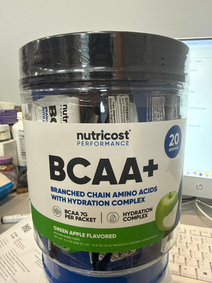 Nutricost BCAA+ Hydration Green Apple Flavored (20 Stickpacks) - Branched Chain Amino Acids with Hydration Complex - Gluten-Free, Non-GMO