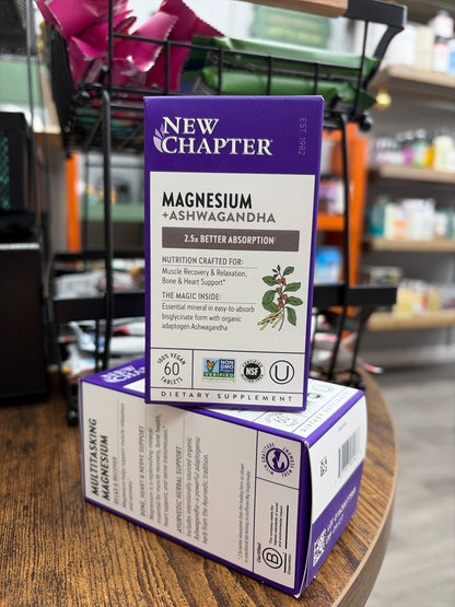 New Chapter Magnesium + Ashwagandha Supplement, 325 mg with Magnesium Glycinate for Muscle Relaxation & Recovery, Heart, Nerve & Bone Health, 2.5X Absorption, Non-GMO - 60 ct (2 Month Supply)