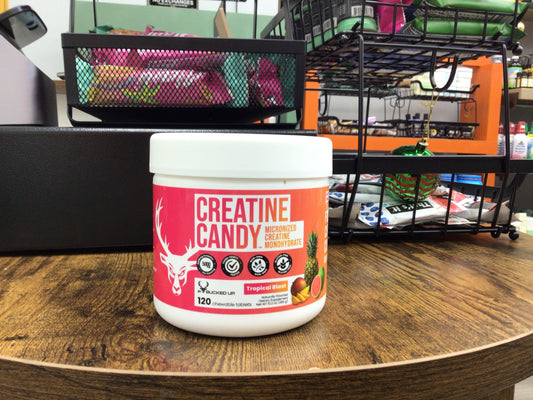Bucked Up Creatine Candy Tropical Blast | Micronized Creatine Monohydrate | 120 Chewable Tablets, 24 Servings | Fizzy Creatine No Water Needed | Non GMO Gluten Free Third Party Tested