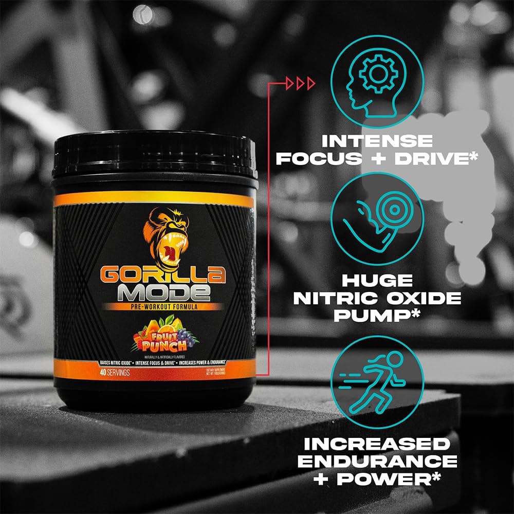 Gorilla Mode Pre Workout - Massive Pumps Laser Focus Energy Power - L-Citrulline, Creatine, L-Tyrosine, Betaine, Hydroprime, Alpha-GPC, 400mg Caffeine, Huperzine A - 796g (Orange Rush)