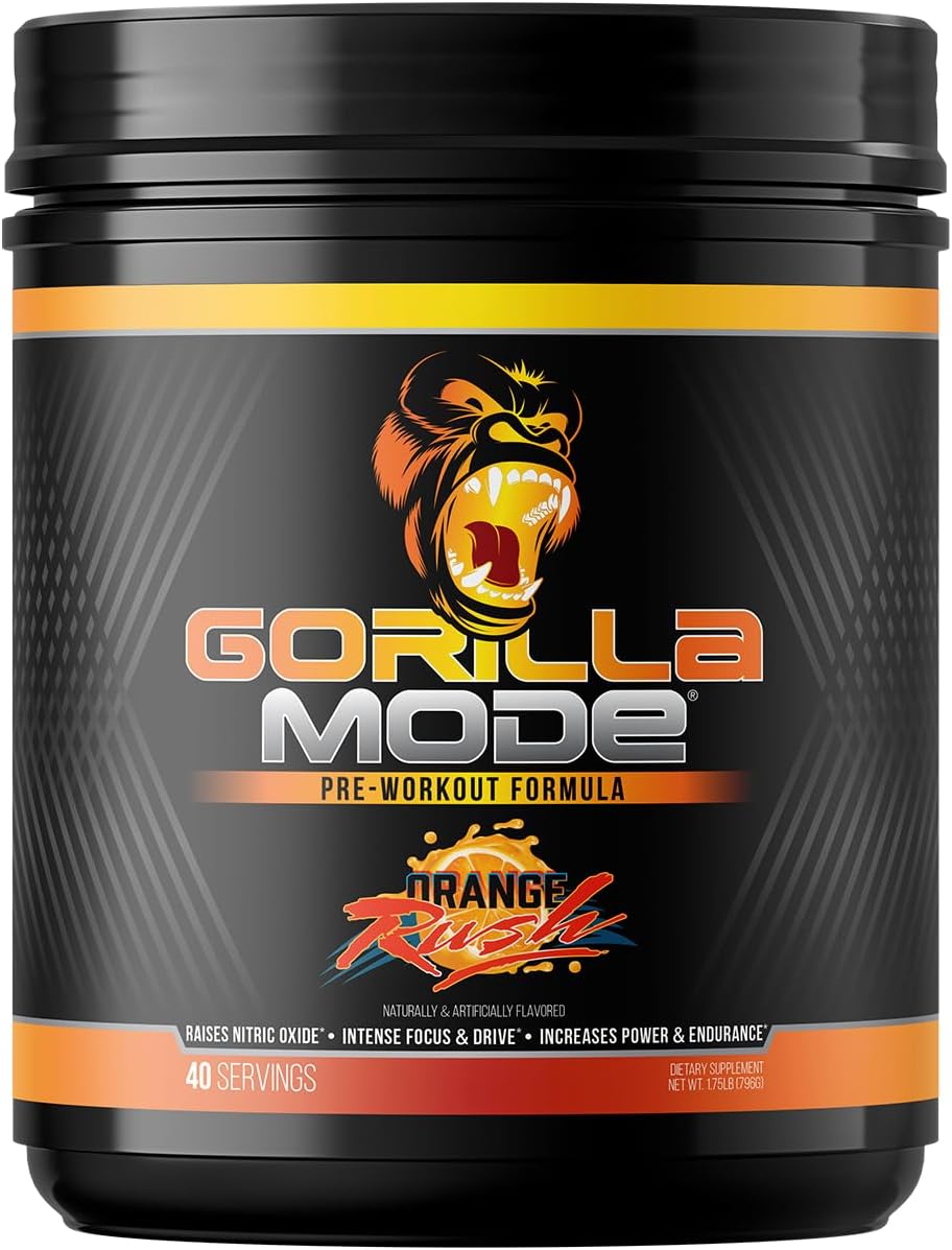Gorilla Mode Pre Workout - Massive Pumps Laser Focus Energy Power - L-Citrulline, Creatine, L-Tyrosine, Betaine, Hydroprime, Alpha-GPC, 400mg Caffeine, Huperzine A - 796g (Orange Rush)