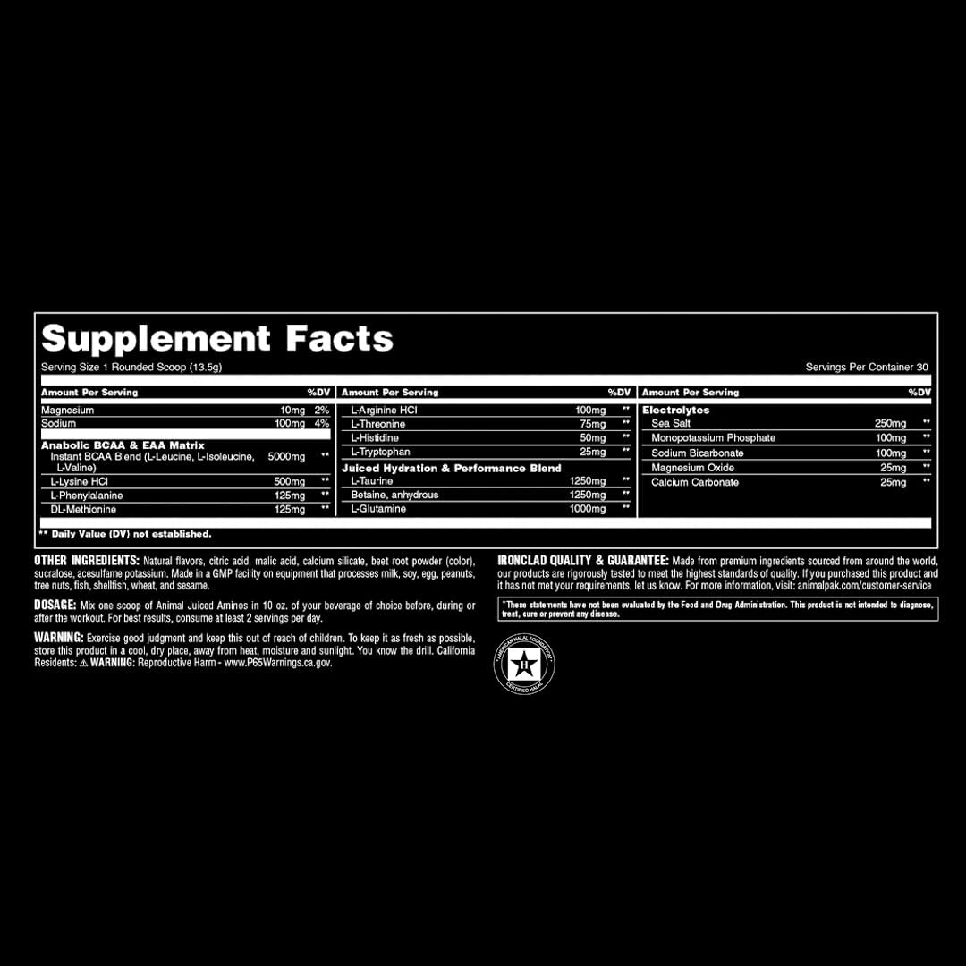Animal Juiced Amino Acids - BCAA Powder EAA Matrix Plus Hydration with Electrolytes and Sea Salt Anytime Recovery and Improved Performance, Grape Flavor, 30 Servings