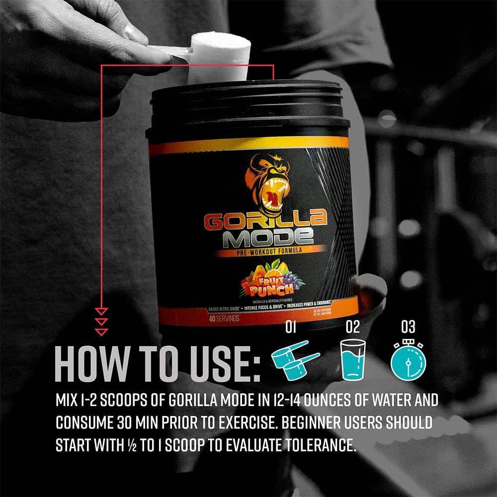Gorilla Mode Pre Workout - Massive Pumps Laser Focus Energy Power - L-Citrulline, Creatine, L-Tyrosine, Betaine, Hydroprime, Alpha-GPC, 400mg Caffeine, Huperzine A - 796g (Orange Rush)