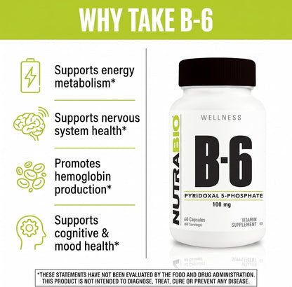 NutraBio Vitamin B6 P5P (Pyridoxal 5-Phosphate) Vitamin B6 100mg per Serving- 60 Vegetable Capsules
