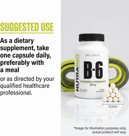 NutraBio Vitamin B6 P5P (Pyridoxal 5-Phosphate) Vitamin B6 100mg per Serving- 60 Vegetable Capsules