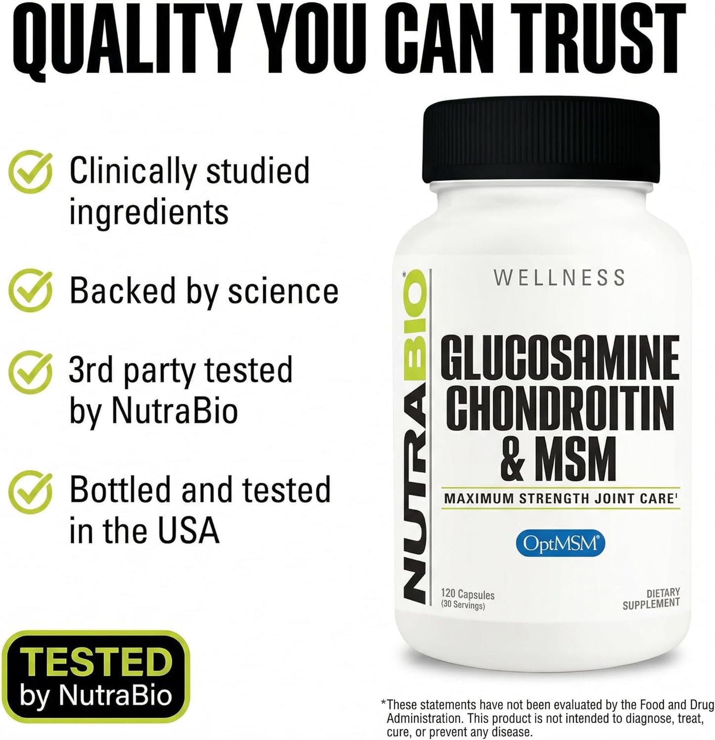 NutraBio Glucosamine Chondroitin & OptiMSM Supplement, Joint Support Formula - 120 Capsules (120 Count)
