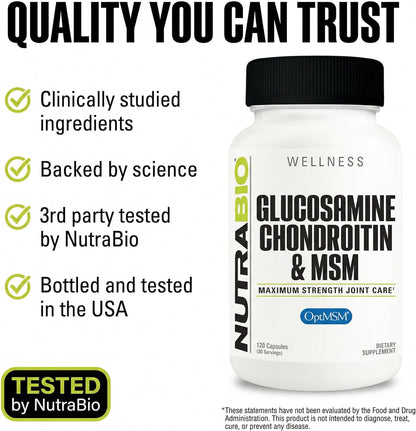NutraBio Glucosamine Chondroitin & OptiMSM Supplement, Joint Support Formula - 120 Capsules (120 Count)