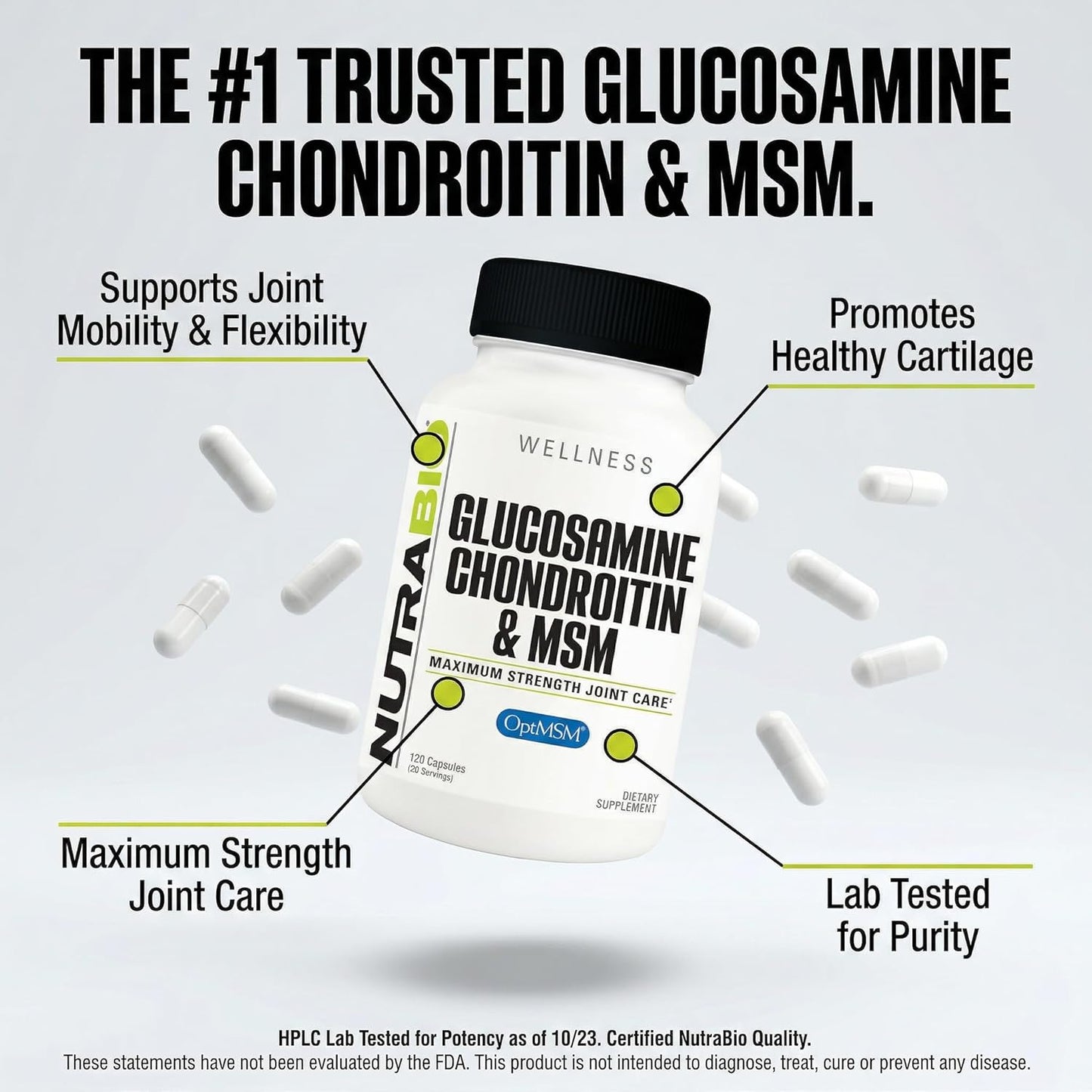 NutraBio Glucosamine Chondroitin & OptiMSM Supplement, Joint Support Formula - 120 Capsules (120 Count)