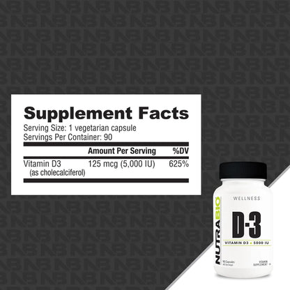 NutraBio Vitamin D (5000 IU), Immune Support - 90 Vegetable Capsules