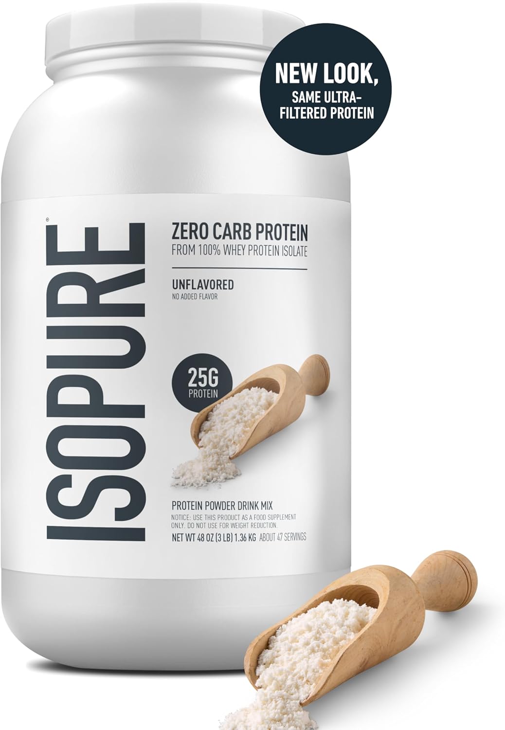 Isopure Zero Carb 100% Pure Whey Isolate Protein Powder, Gluten Free, with Vitamins, Unflavored, 25g Protein Per Serving, 3 Lbs, 47 Servings (Packaging May Vary)