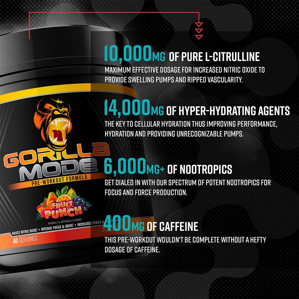 Gorilla Mode Pre Workout - Massive Pumps Laser Focus Energy Power - L-Citrulline, Creatine, L-Tyrosine, Betaine, Hydroprime, Alpha-GPC, 400mg Caffeine, Huperzine A - 796g (Orange Rush)
