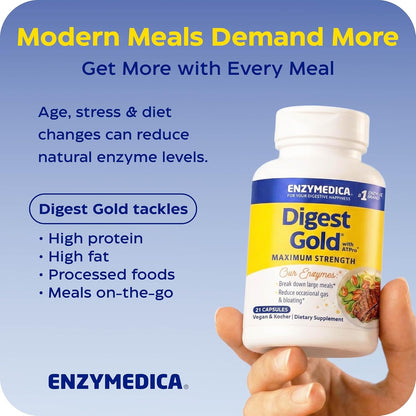 Enzymedica Digest Gold - Digestive Enzyme Supplement for Women & Men, Enzyme Capsules for Digestion, Gut Health Support, Helps Gas & Bloating, ATPro Energy Support, Maximum Strength, Vegan - 180 Caps