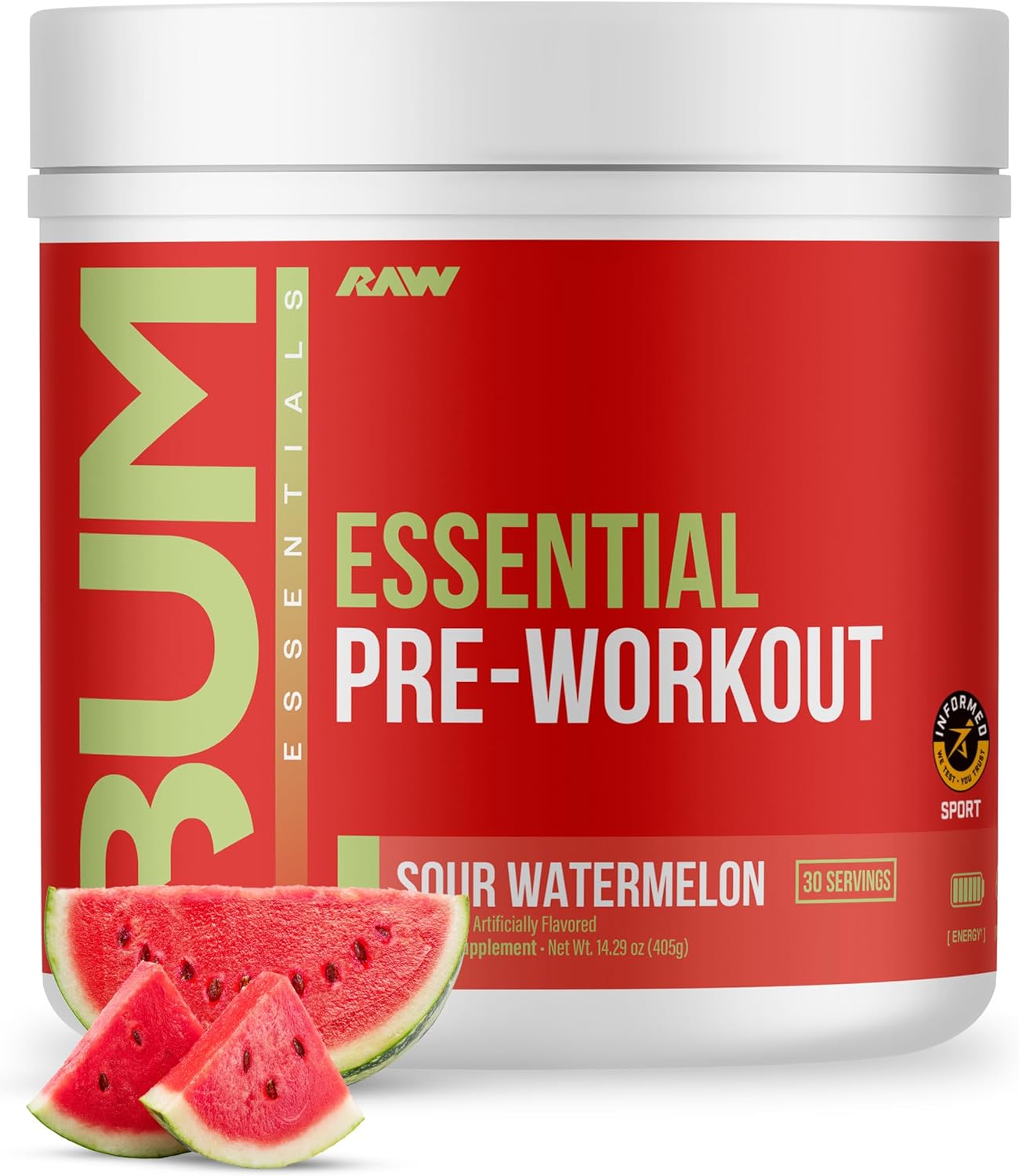 RAW Essential Pre-Workout Powder (Sour Watermelon) - Chris Bumstead Sports Nutrition Supplement for Men & Women - Preworkout Energy Powder with Caffeine, L-Citrulline, L-Tyrosine, & Beta Alanine Blend