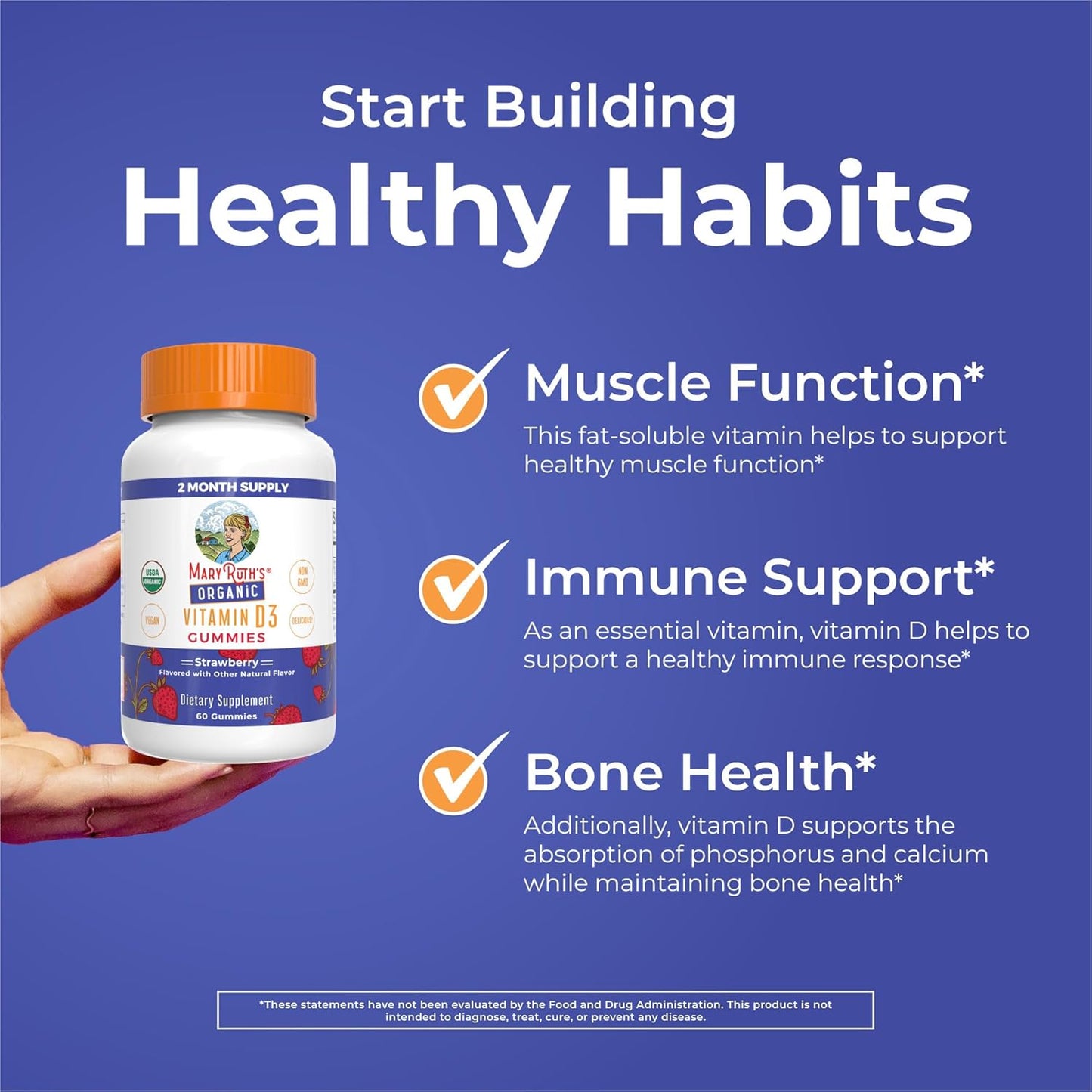 MARYRUTH'S Organic Vitamin D3 Gummies | 1000 IU | USDA Organic | Immune Support| Bone Health | Muscle Function | for Adults & Kids Ages 2+ | Vegan | Gluten Free | 2 Month Supply | 60 Count