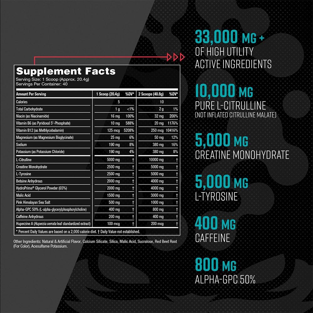 Gorilla Mode Pre Workout - Massive Pumps Laser Focus Energy Power - L-Citrulline, Creatine, L-Tyrosine, Betaine, Hydroprime, Alpha-GPC, 400mg Caffeine, Huperzine A - 796g (Orange Rush)