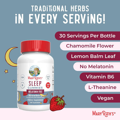 MARYRUTH'S Sleep Gummies | Sugar Free | NO Melatonin | L Theanine | Lemon Balm Leaf | Chamomile | Vitamin B6 | Relaxation & Sleep Support | Stress Relief | Vegan | Gluten Free | 60 Count