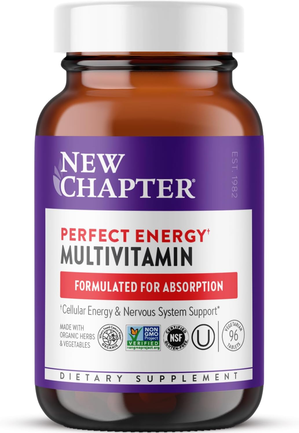 New Chapter Energy Supplement - Perfect Energy Multivitamin for Balanced Energy + Stress Support with B Vitamins + Vitamin D3 + Organic Non-GMO Ingredients - 96 ct