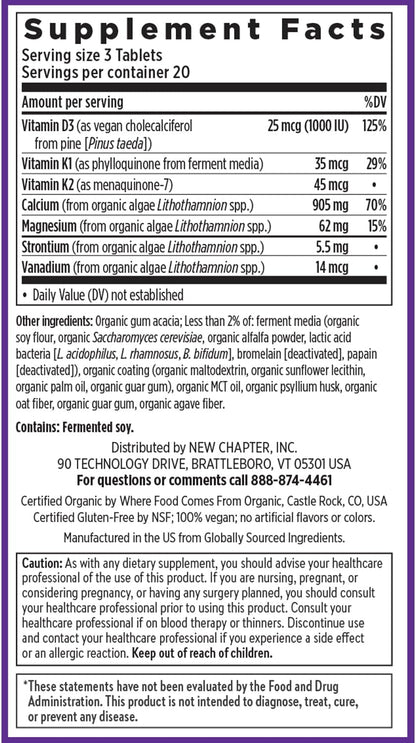 New Chapter Calcium Supplement - Bone Strength Plant-Based USDA Organic Calcium with Magnesium, Vitamin D3+K2, for Bone Health & Joint Mobility, Heart Support, 905 mg dose - 60 Slim Tablets