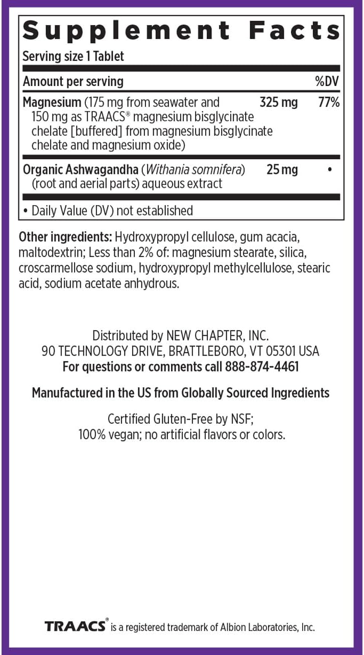 New Chapter Magnesium + Ashwagandha Supplement, 325 mg with Magnesium Glycinate for Muscle Relaxation & Recovery, Heart, Nerve & Bone Health, 2.5X Absorption, Non-GMO - 60 ct (2 Month Supply)