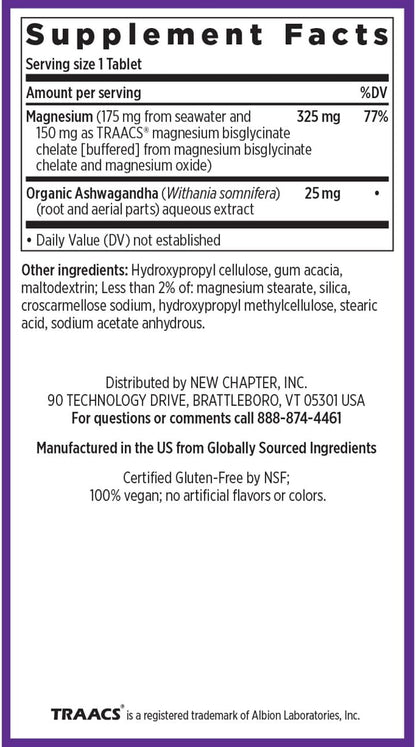 New Chapter Magnesium + Ashwagandha Supplement, 325 mg with Magnesium Glycinate for Muscle Relaxation & Recovery, Heart, Nerve & Bone Health, 2.5X Absorption, Non-GMO - 60 ct (2 Month Supply)