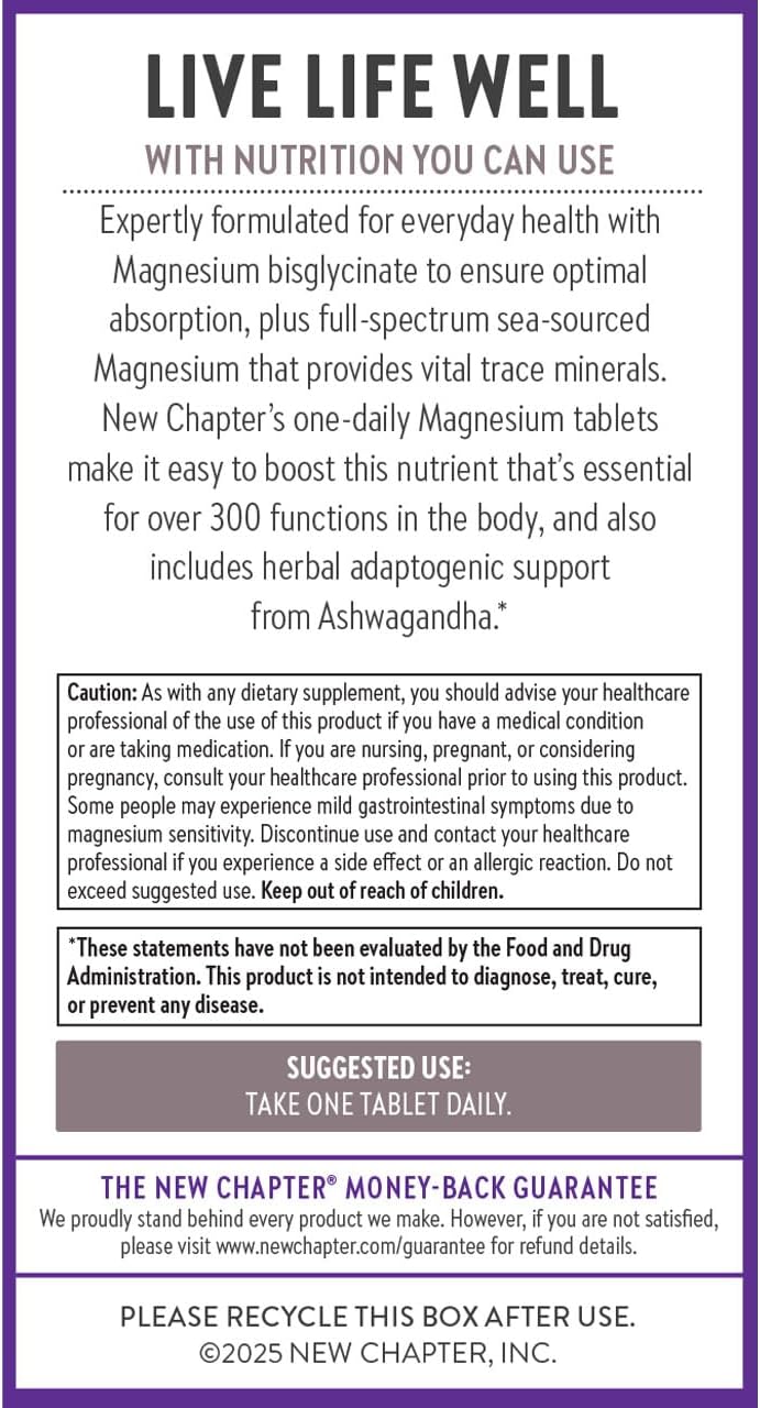 New Chapter Magnesium + Ashwagandha Supplement, 325 mg with Magnesium Glycinate for Muscle Relaxation & Recovery, Heart, Nerve & Bone Health, 2.5X Absorption, Non-GMO - 60 ct (2 Month Supply)