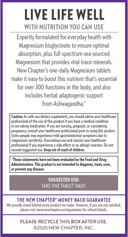 New Chapter Magnesium + Ashwagandha Supplement, 325 mg with Magnesium Glycinate for Muscle Relaxation & Recovery, Heart, Nerve & Bone Health, 2.5X Absorption, Non-GMO - 60 ct (2 Month Supply)