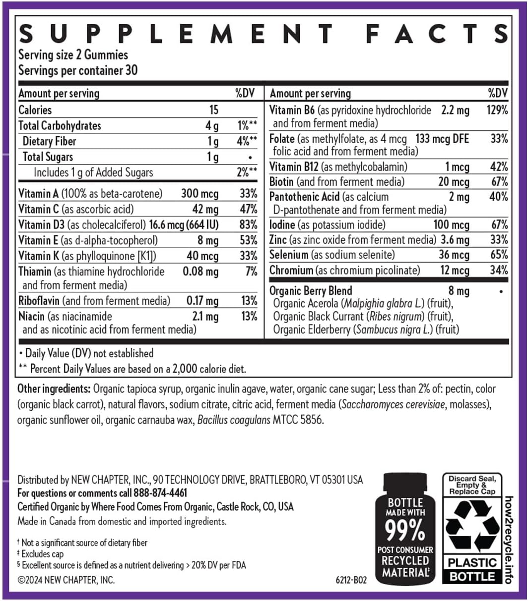 New Chapter Kids Multivitamin Gummies - 65% Less Sugar, Kids Gummy Vitamins with Vitamins C, D3 & Zinc, Non-GMO, Gluten Free, Berry-Citrus, 60ct