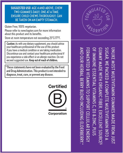 New Chapter Kids Multivitamin Gummies - 65% Less Sugar, Kids Gummy Vitamins with Vitamins C, D3 & Zinc, Non-GMO, Gluten Free, Berry-Citrus, 60ct