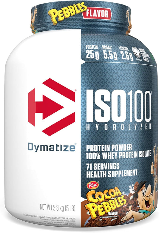 Dymatize ISO100 Whey Protein Powder Isolate, Cocoa Pebbles, 25g of Protein, 5 Pound, 5.5g BCAAs, Less Than 120 Cal., Gluten Free, 1g Fat, 1g Sugar, 2g Carb