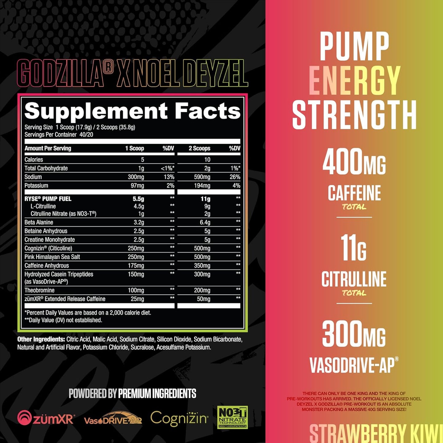 RYSE Godzilla X Noel Deyzel Pre Workout Powder - Strawberry Kiwi - 400mg Caffeine, High Stim Pre-Workout for Men & Women with Citrulline & Beta Alanine - Energy, Pump & Focus - 20/40 Servings