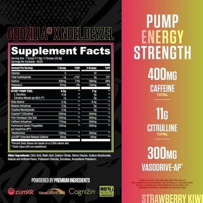 RYSE Godzilla X Noel Deyzel Pre Workout Powder - Strawberry Kiwi - 400mg Caffeine, High Stim Pre-Workout for Men & Women with Citrulline & Beta Alanine - Energy, Pump & Focus - 20/40 Servings