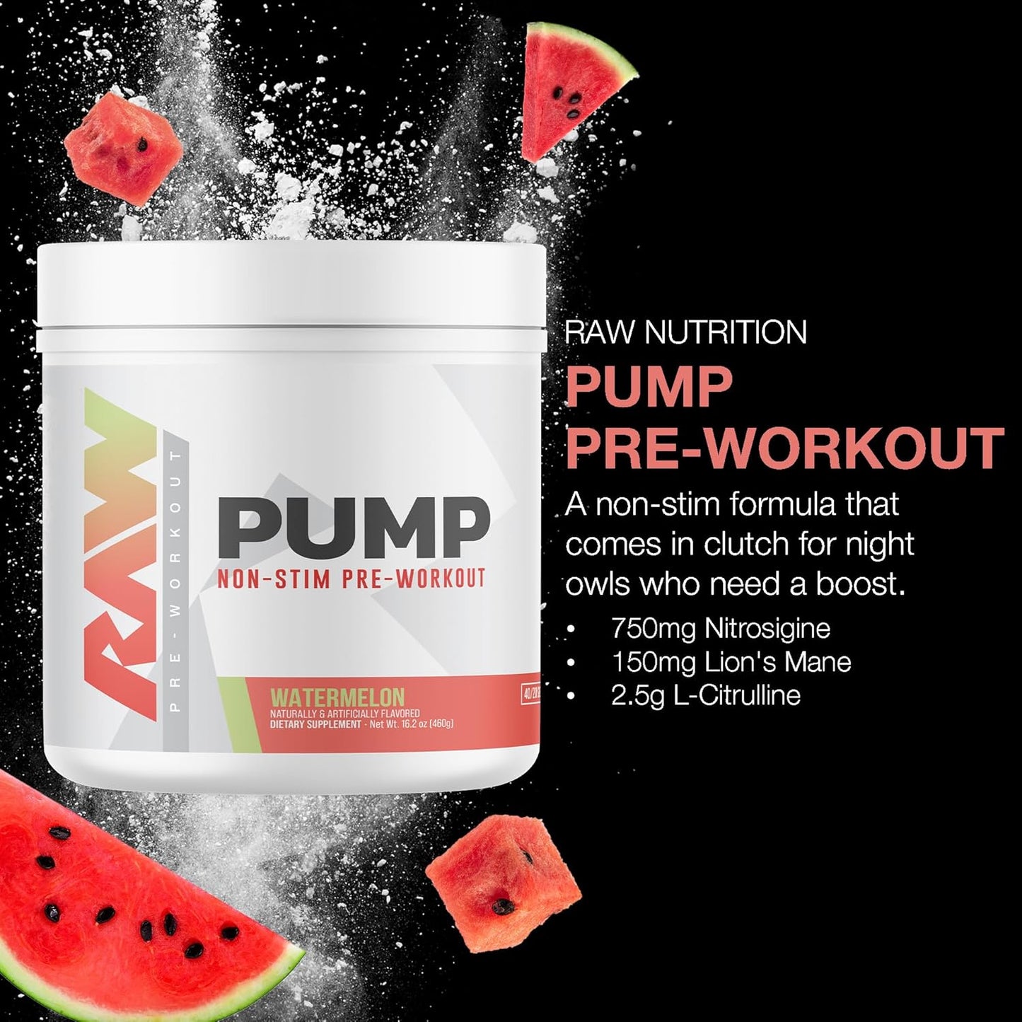 RAW Pump Stim Free Pre Workout (Watermelon) - Non-Stimulant Pre Workout Supplement Powder Nitric Oxide Booster - Pre Workout Supplements Drink for During Workout - 40 Servings