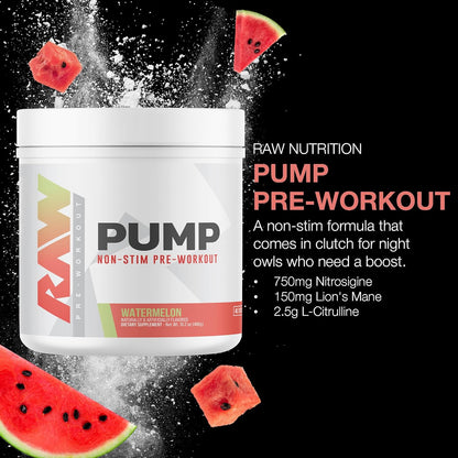 RAW Pump Stim Free Pre Workout (Watermelon) - Non-Stimulant Pre Workout Supplement Powder Nitric Oxide Booster - Pre Workout Supplements Drink for During Workout - 40 Servings