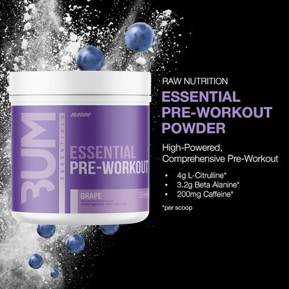 RAW Essential Pre-Workout Powder (Grape) - Chris Bumstead Sports Nutrition Supplement for Men & Women - Preworkout Energy Powder with Caffeine, L-Citrulline, L-Tyrosine, & Beta Alanine Blend