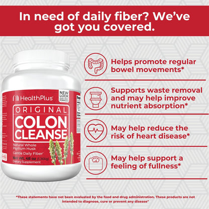 Health Plus Colon Cleanse Digestive Support | All Natural Daily Fiber for Toxin Elimination To Reduce Bloating | Supports Heart Health | 48 Ounces, 194 Servings