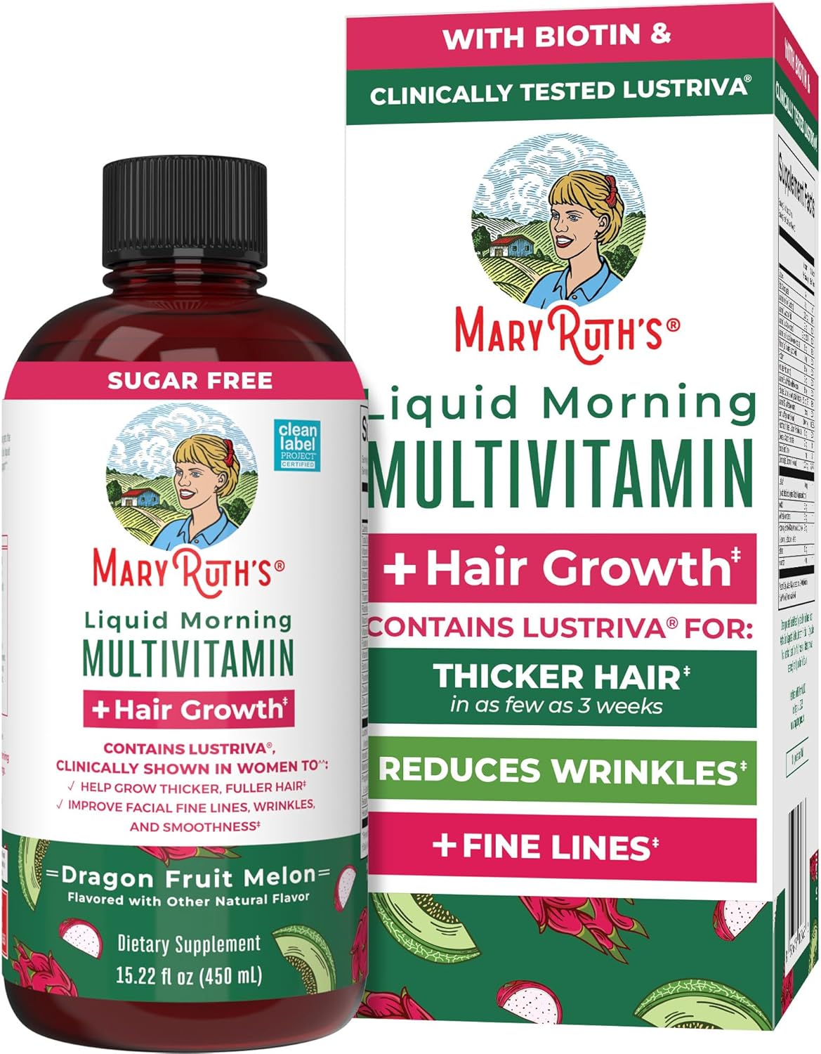 MARYRUTH'S Liquid Multivitamin + Hair Growth | Biotin 10000mcg | Lustriva Hair Growth Supplement | Clinically Tested in Women for Thicker Hair & Facial Wrinkle | Skin Care | Ages 18+ | 15.22 Fl Oz