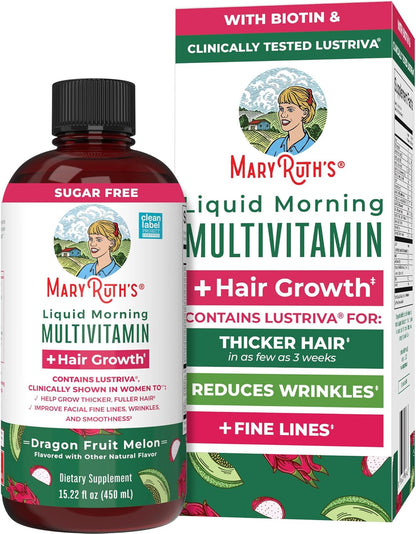 MARYRUTH'S Liquid Multivitamin + Hair Growth | Biotin 10000mcg | Lustriva Hair Growth Supplement | Clinically Tested in Women for Thicker Hair & Facial Wrinkle | Skin Care | Ages 18+ | 15.22 Fl Oz