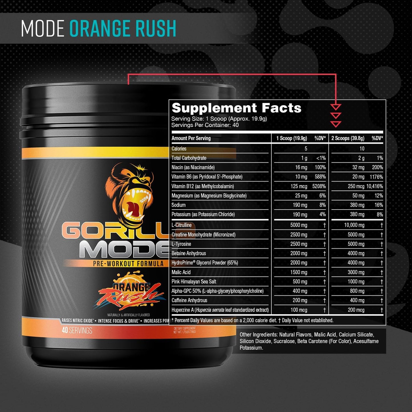 Gorilla Mode Pre Workout - Massive Pumps Laser Focus Energy Power - L-Citrulline, Creatine, L-Tyrosine, Betaine, Hydroprime, Alpha-GPC, 400mg Caffeine, Huperzine A - 796g (Orange Rush)