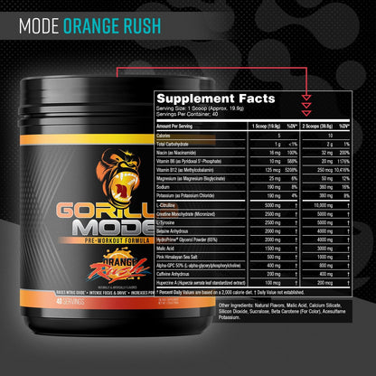 Gorilla Mode Pre Workout - Massive Pumps Laser Focus Energy Power - L-Citrulline, Creatine, L-Tyrosine, Betaine, Hydroprime, Alpha-GPC, 400mg Caffeine, Huperzine A - 796g (Orange Rush)