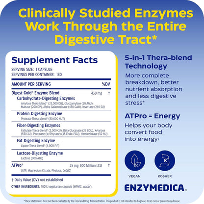 Enzymedica Digest Gold - Digestive Enzyme Supplement for Women & Men, Enzyme Capsules for Digestion, Gut Health Support, Helps Gas & Bloating, ATPro Energy Support, Maximum Strength, Vegan - 180 Caps