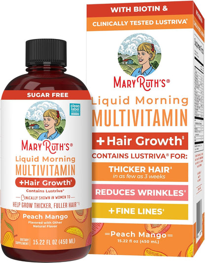 MARYRUTH'S Liquid Multivitamin+Hair Growth | Biotin 10000mcg | Lustriva Hair Growth Supplement | Clinically Tested in Women for Thicker Hair&Facial Wrinkle | Skin Care | Ages 18+ | 15.22 Fl Oz