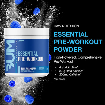 RAW Nutrition - Essential Pre - Chris Bumstead Pre Workout Formula, Sports Nutrition Pre-Workout Powders | Men & Womens Drink, Energy Powder for Working Out (Blue Raspberry)